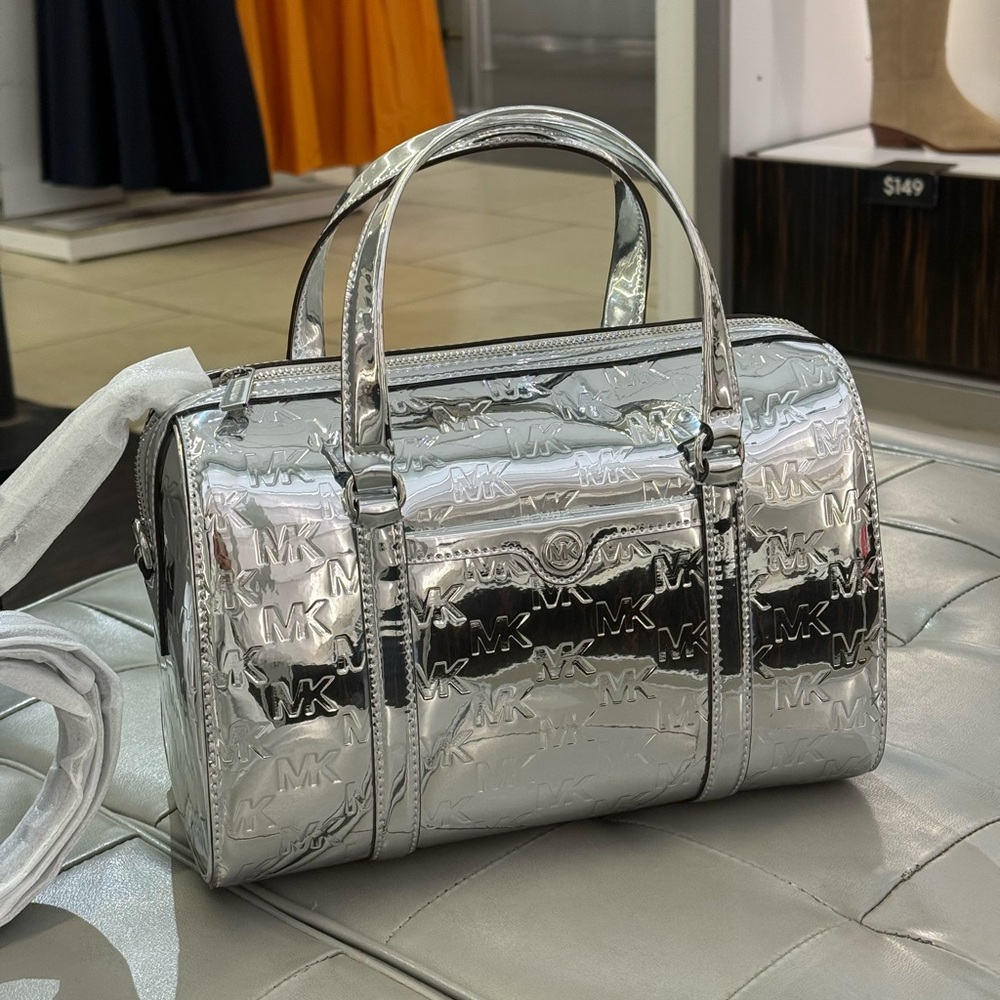 Michael kors jet set travel medium patent logo duffle satchel silver NWT - Picture 5 of 11